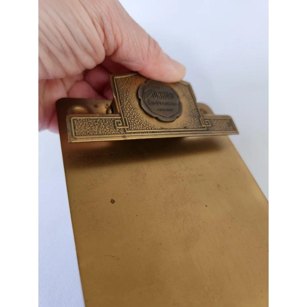 Small Antique Brass Advertising Clipboard Dunhood Leathers Whitehead & Hoag Co
